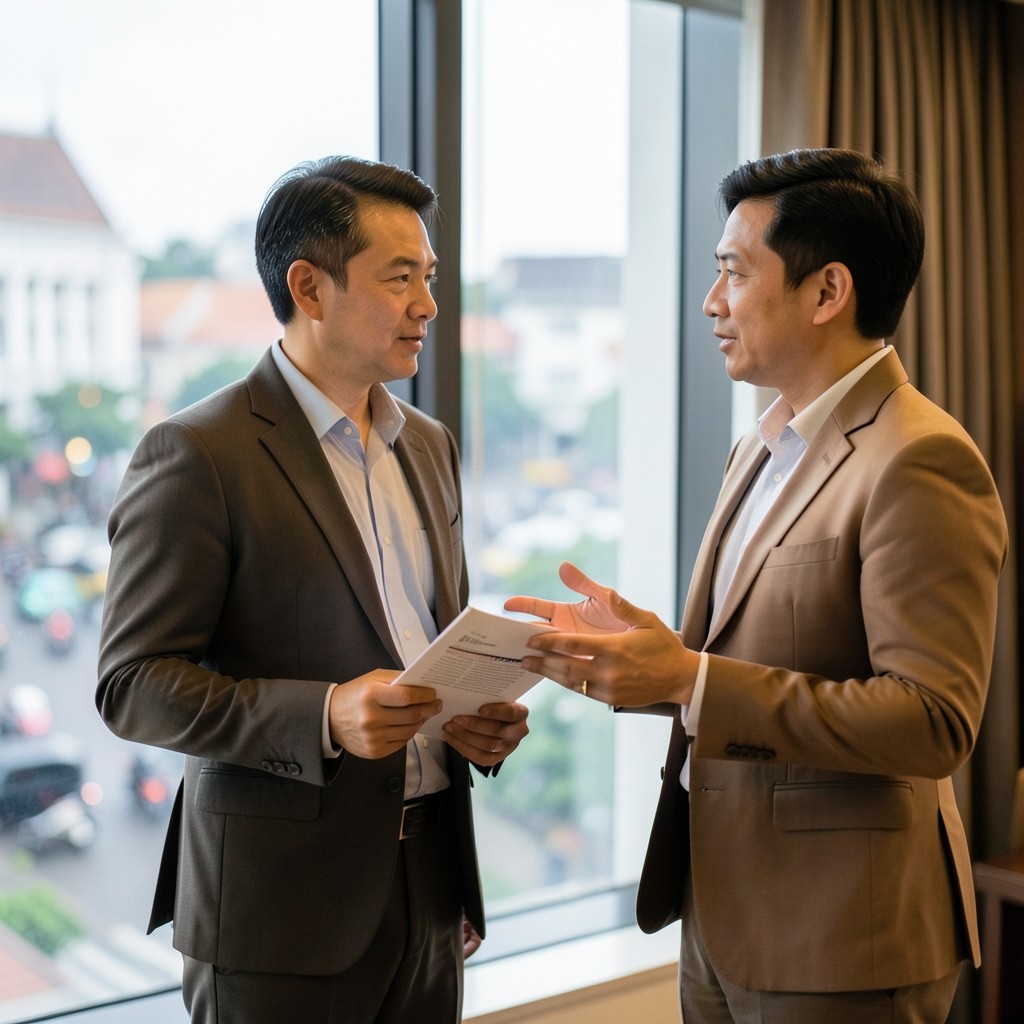 Two consultants discussing printed usage reports near a window overlooking a Bangkok street