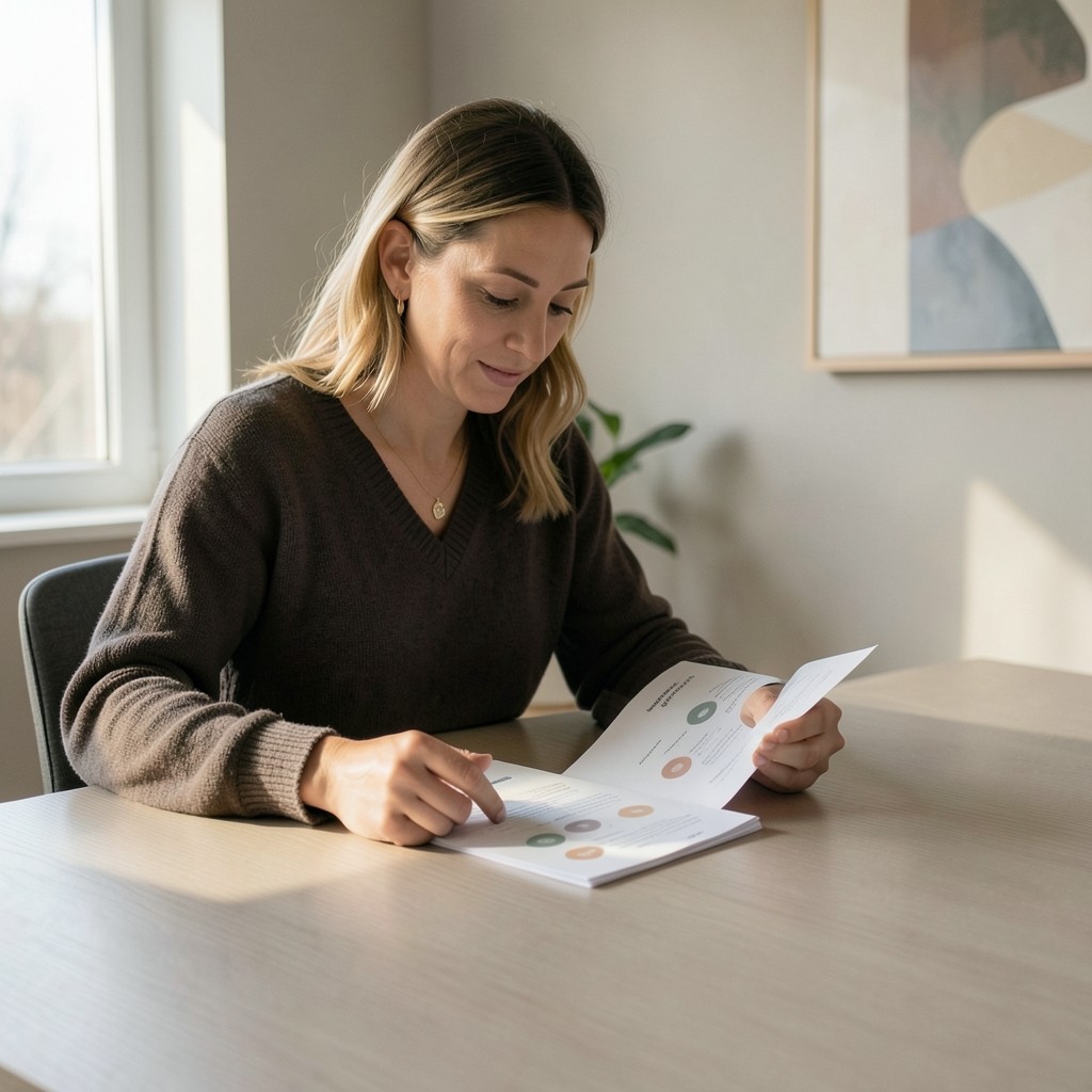 Customer success specialist reviewing account health printouts at a quiet desk