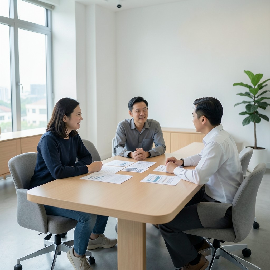 Small product team in a Bangkok meeting room reviewing printed analytics notes