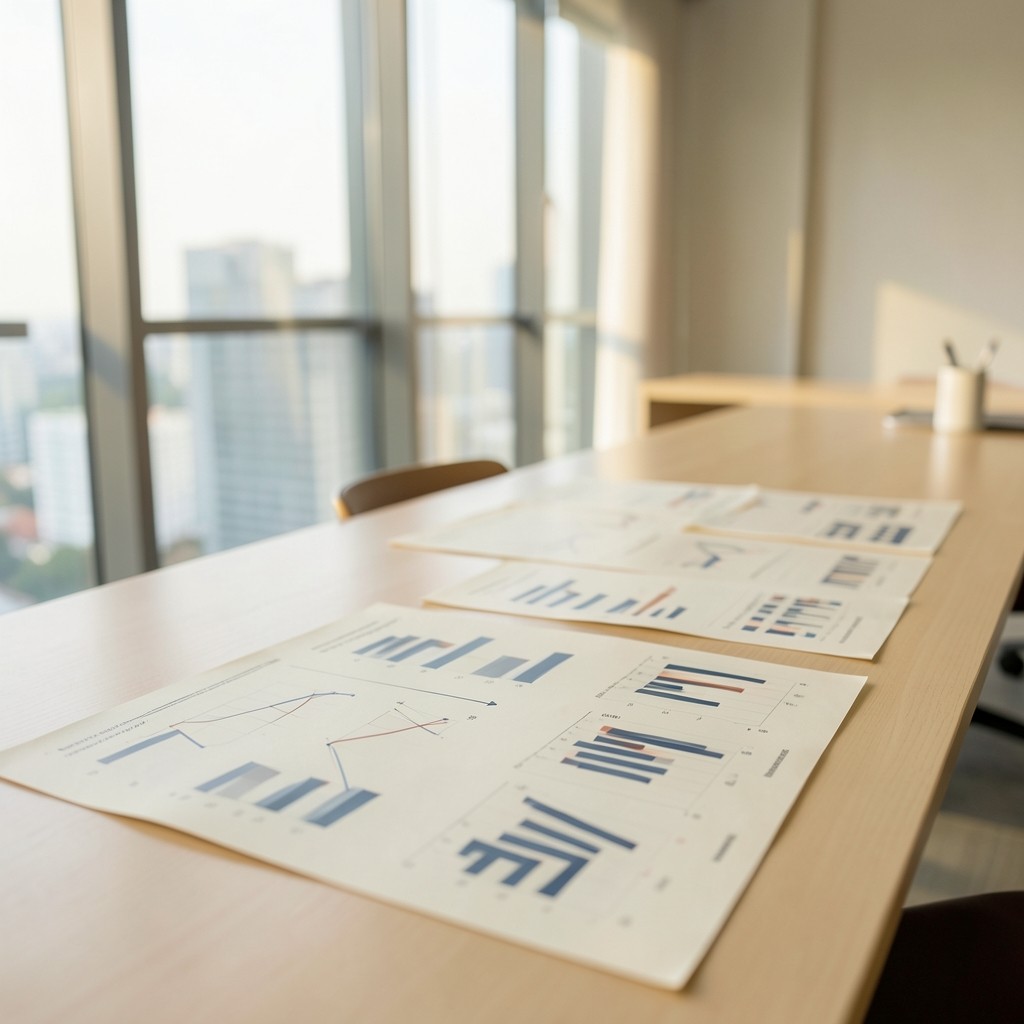 Bright Bangkok workspace with printed product usage charts spread across a long wooden table