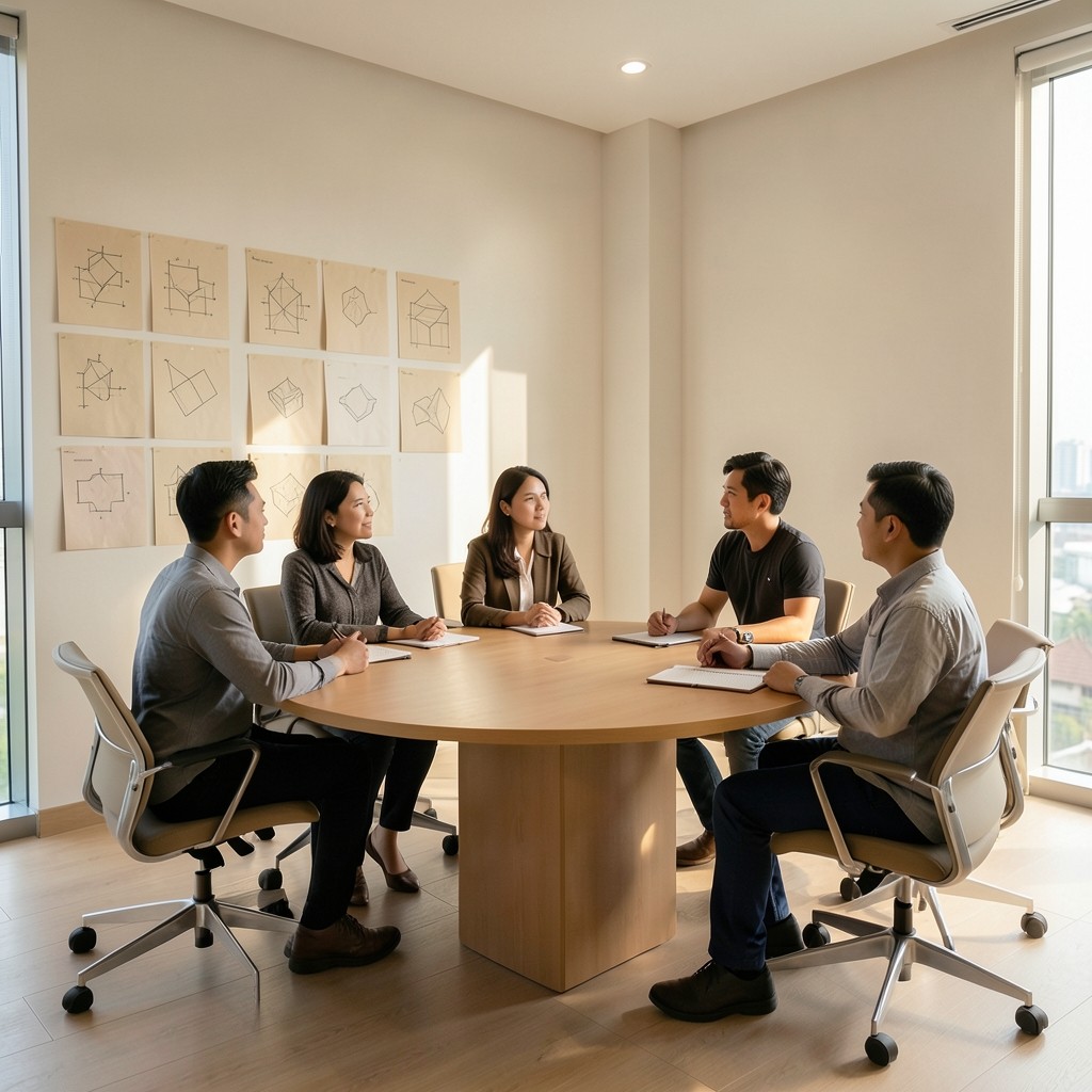 Facilitator guiding a product team through printed metric worksheets in a calm meeting room