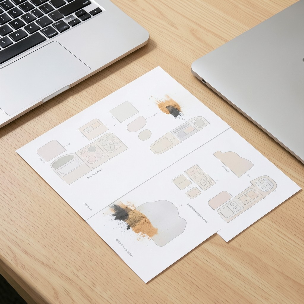 Printed dashboard layout sketches beside a laptop showing soft neutral charts