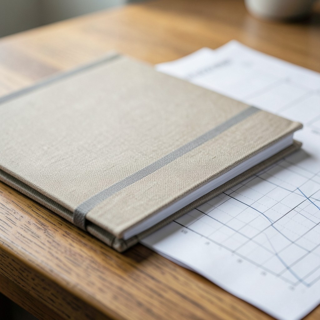 Monthly printed usage report binder on a wooden desk with soft daylight